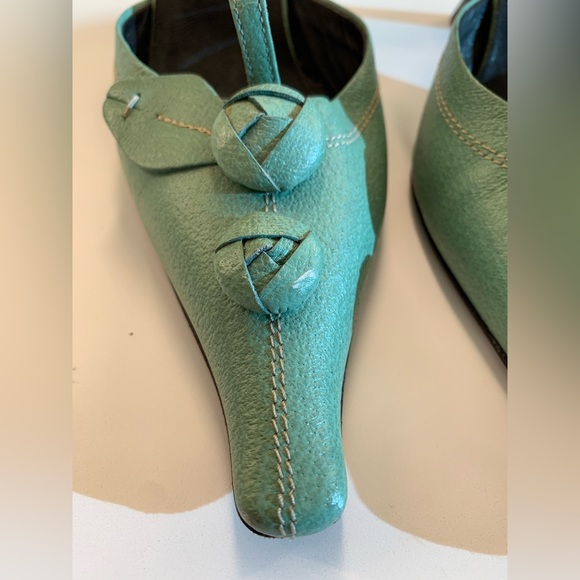 Genuine PRADA light green leather floral MULES 2” kitten heel sz 37 US 6.5-7 - Picture 5 of 16